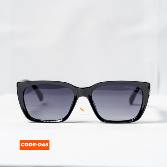 Louis Vuitton CODE-D45 sunglasses, showcasing a sleek, modern design with the iconic LV logo.

